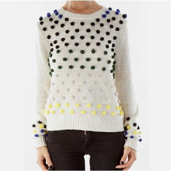 Anthropologie Moth Women’s Small Candy Dot Pom Pom Sweater Cream - Picture 1 of 7
